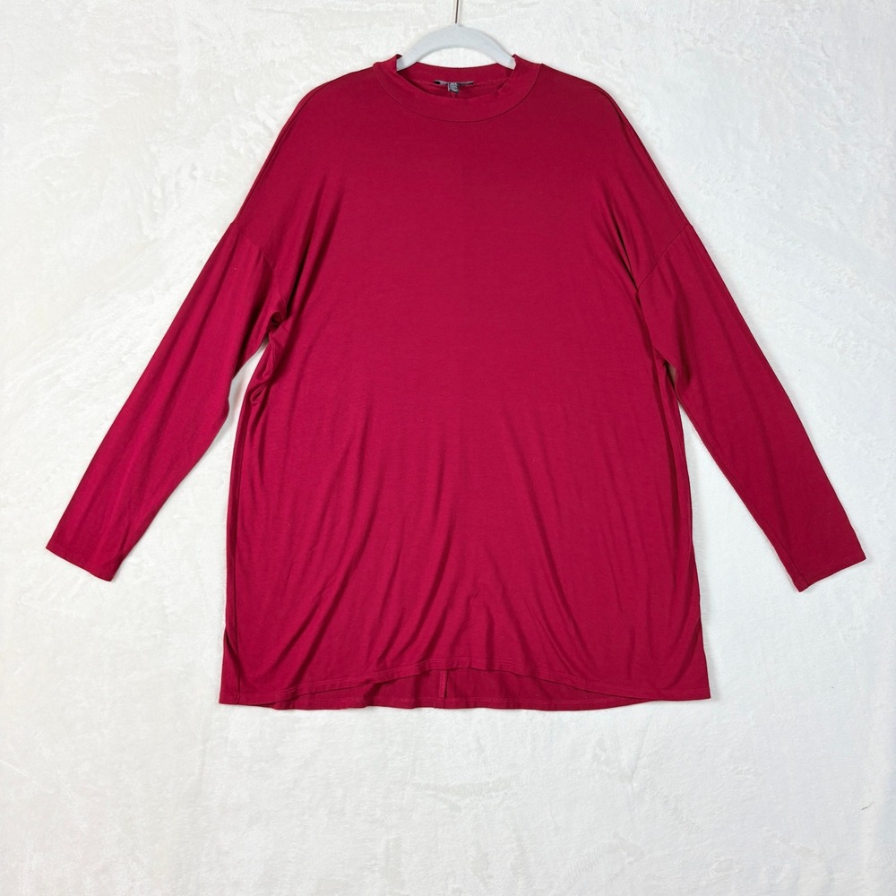 Eileen Fisher Top Women Sz Small Red Viscose Mock Neck Long Sleeve‎ Soft Tunic